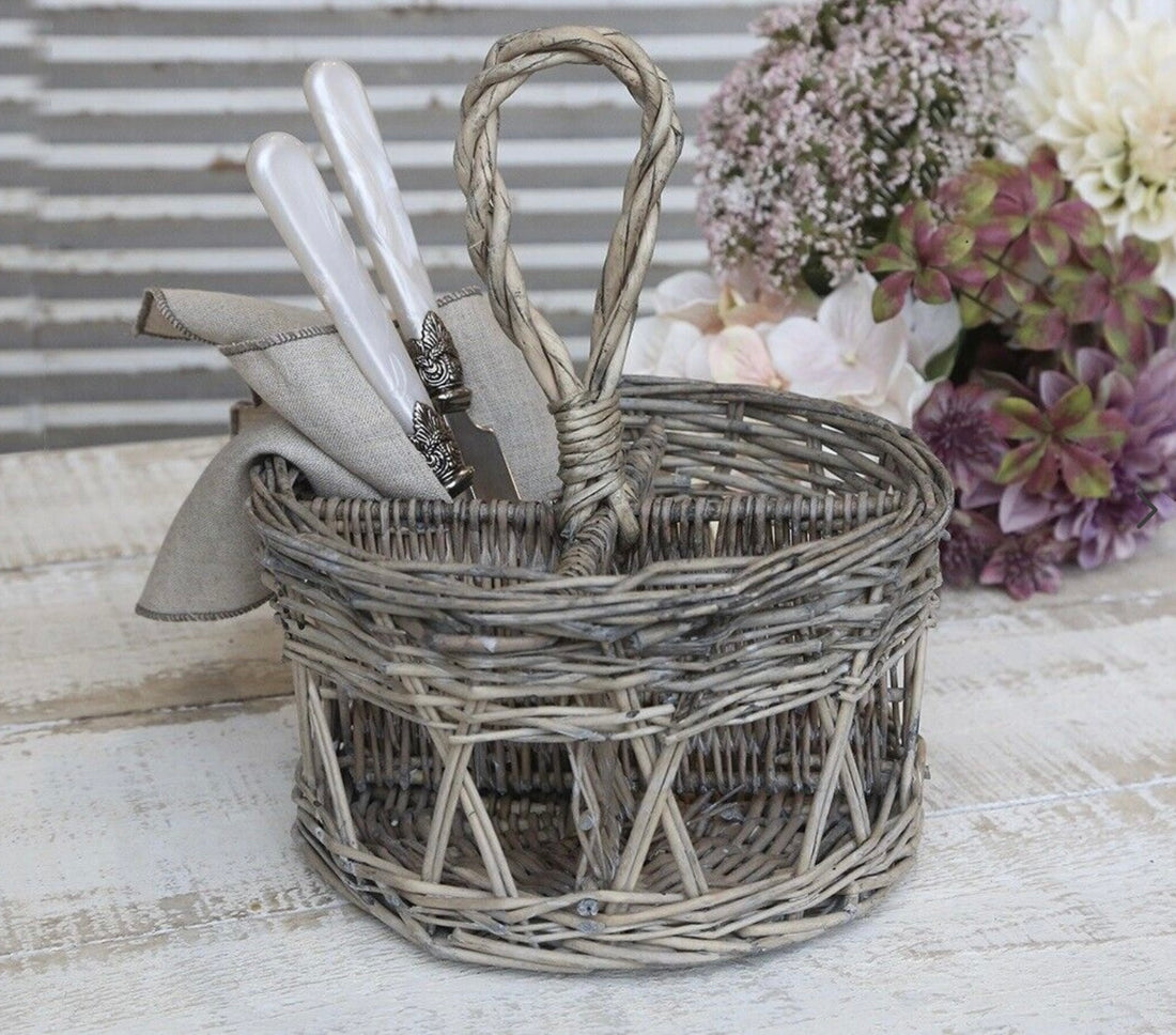Chic Antique franz. Besteckkorb Weide Rattan 4 Fächer Rund
