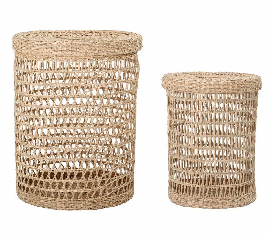 Bloomingville Connie Wäschekorb Papierkorb Natur Deckel rund 2er Set Seegras