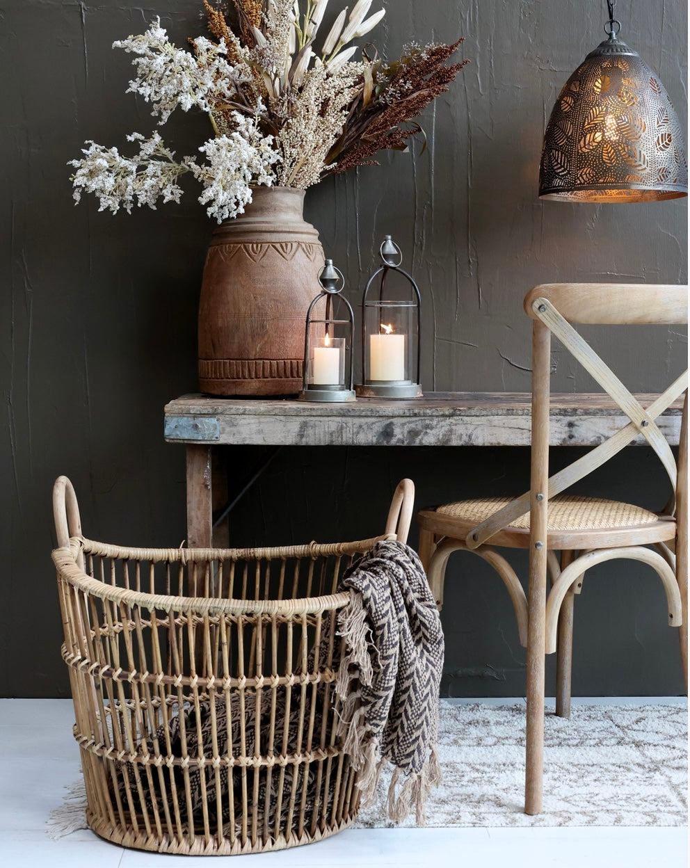 Chic Antique Korb Rattan Natur Höhe 46 cm Oval Henkel