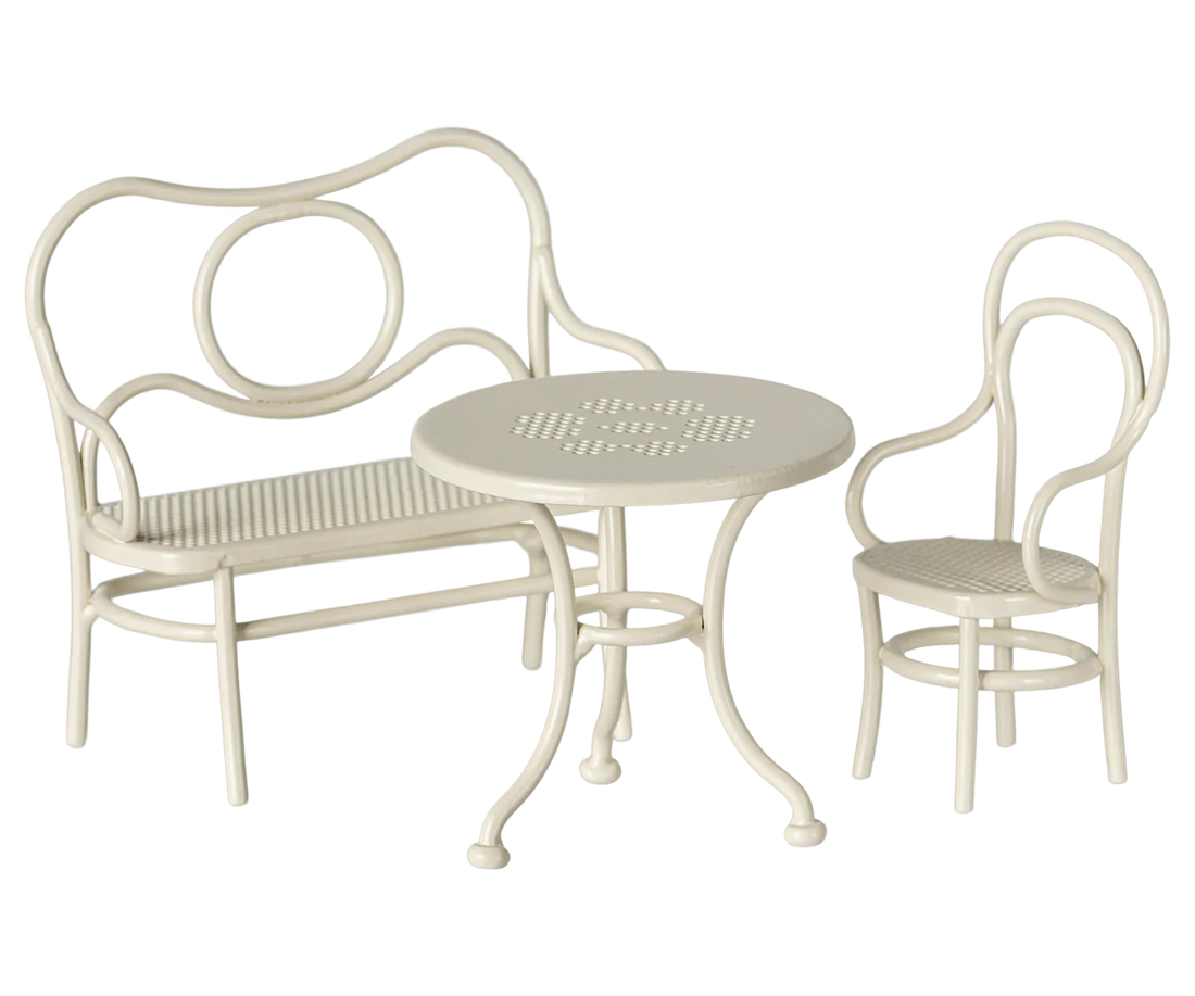 Maileg Maus Möbel Tisch Stuhl Metall offwhite Café Set