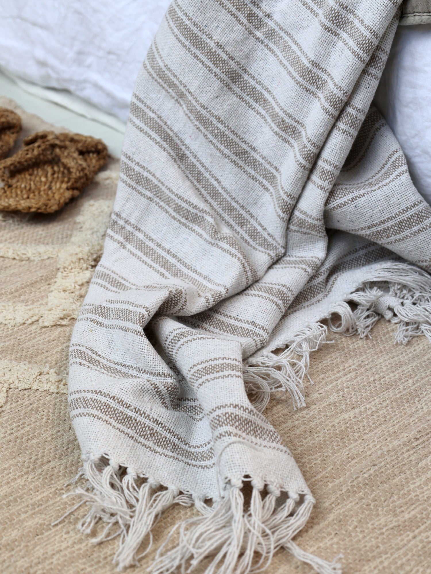 Chic Antique Decke Plaid Baumwolle 170 cm Latte Beige Natur Streifen