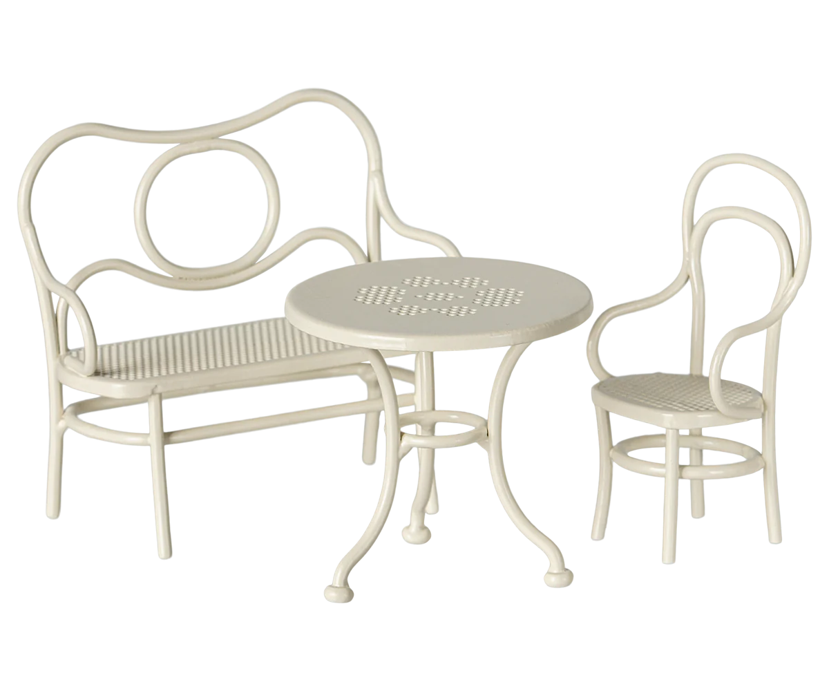 Maileg Maus Möbel Tisch Stuhl Metall offwhite Café Set